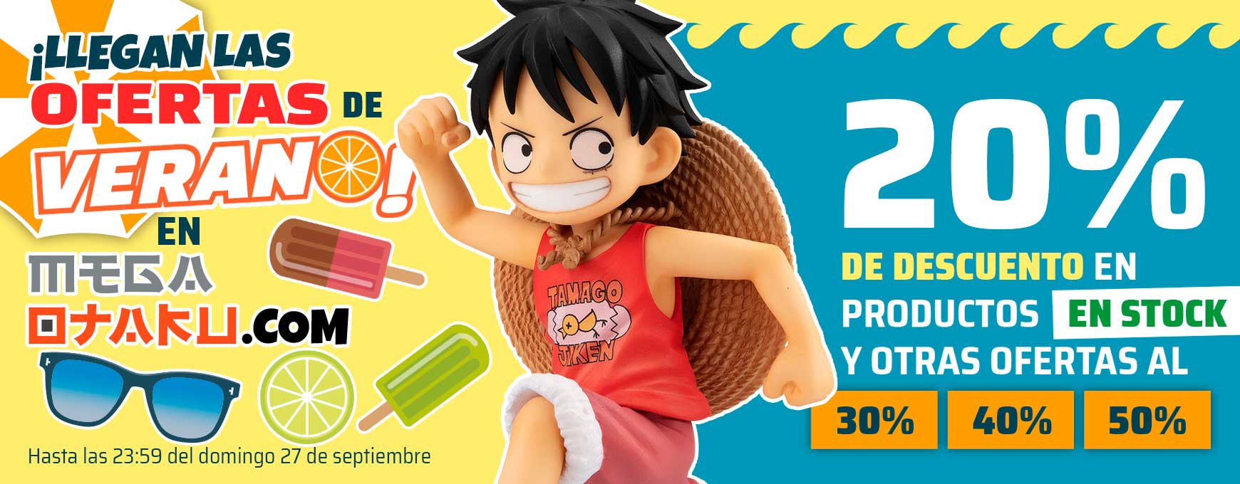 ¡Llegan las OFERTAS DE VERANO en MegaOtaku.com! ¡Descuentos del 20% en figuras en stock hasta el domingo 27 de septiembre! ¡Y aprovecha nuestro outlet al 30%-50%!